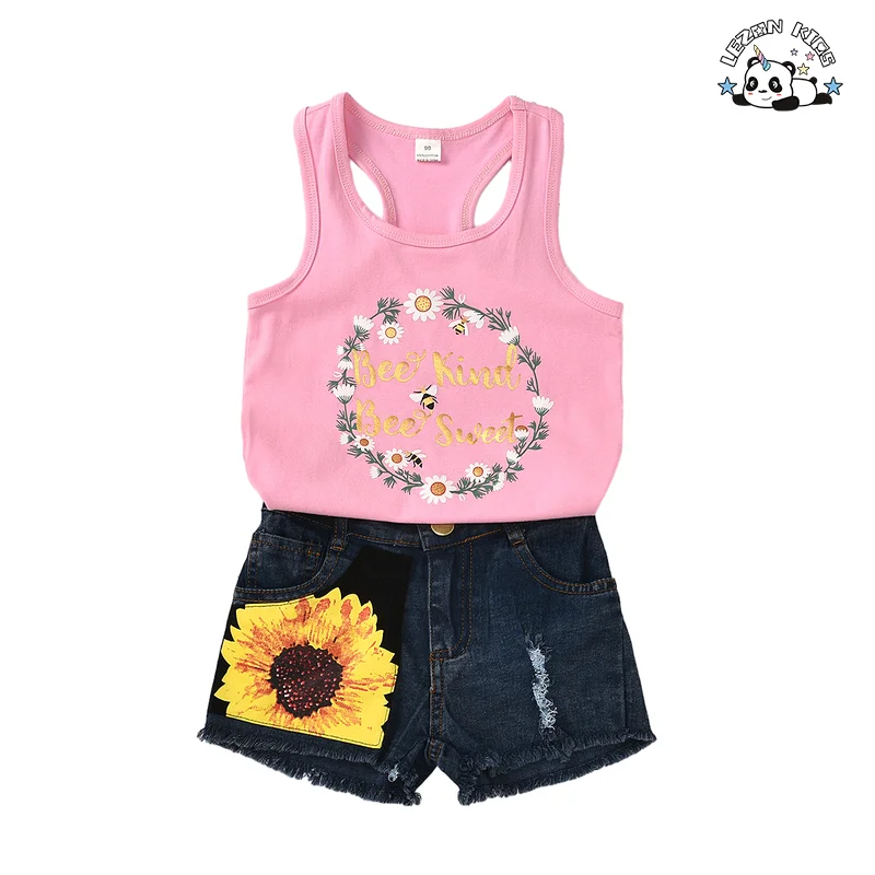 LEZONKIDS - High Quality Summer Children Letter Vest Top Sunflower Denim Shorts Two Piece Suit for Girls